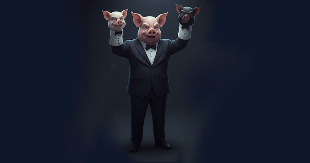 Man in tuxedo with pig puppets