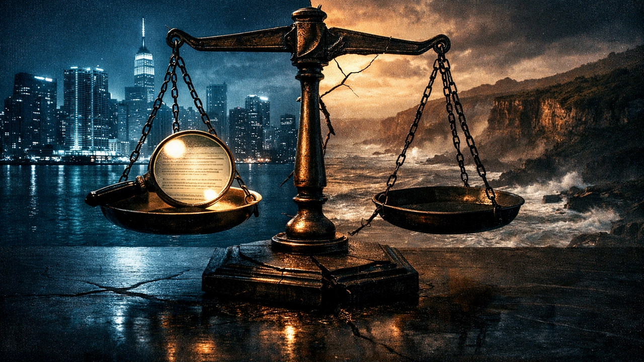 Scales of justice over cityscape