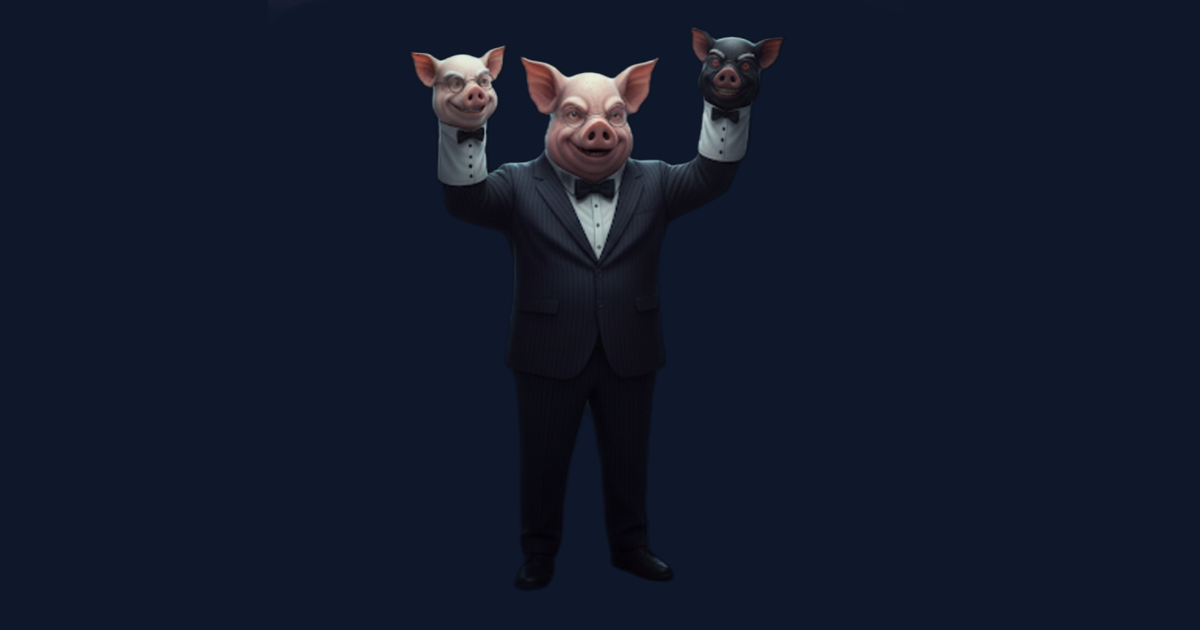 Man in tuxedo holding pig masks.