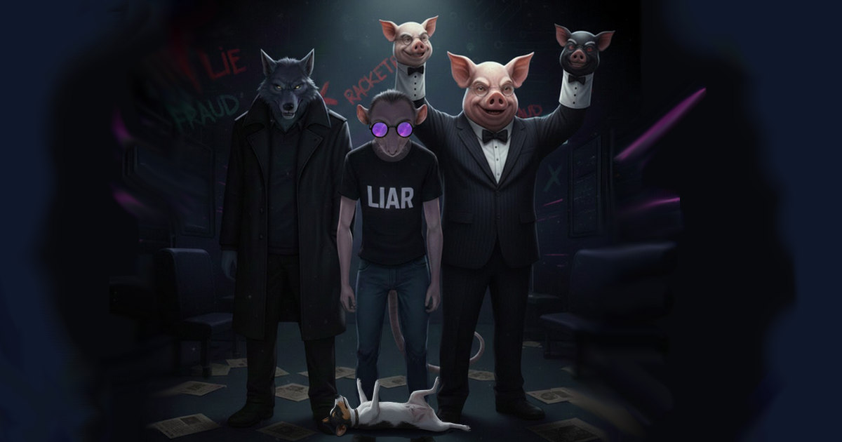 Three figures with animal masks and props.