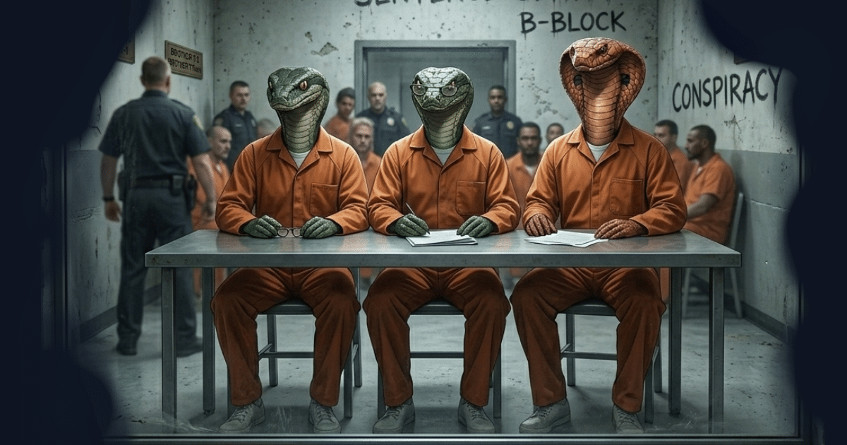 Three reptilian figures in prison uniforms.