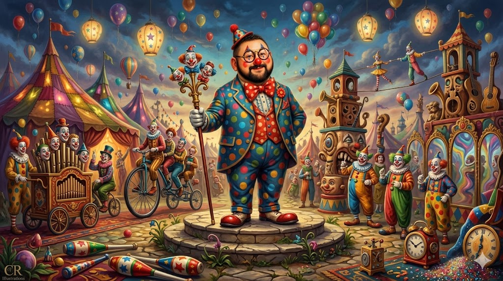 Colorful circus scene with clowns